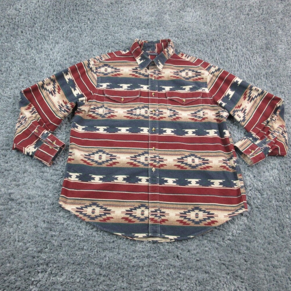 Lands End Shirt Mens XL Red Blue Southwestern Aztec Flannel Button Up Made USA